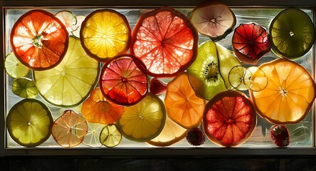 Cascade of translucent fruit slices forming an intricate stained glass window effect