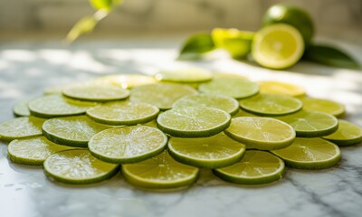 Radiant Green Lime Slices on Marble Tabletop Displaying Freshness and Zestful Health Benefits Under Natural Light Showcasing Vibrant Citrus Texture for Culinary and Wellness Themes Use as Decoration