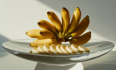 Radiant Mini Bananas Arranged on Elegant Glass Plate with Sliced Accents Displaying Vibrant Yellow Fruit Against Clean White Background in Natural Lighting Featuring Tropical Freshness for Healthy