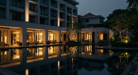 Fototapeta premium Stunning Nighttime Architecture Hotel Buildings and Pool Reflections