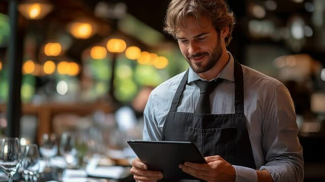 Restaurant Manager Using Tablet with Modern Bistro.