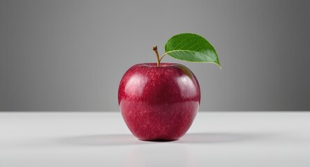 Radiant Red Apple with Fresh Green Leaf Resting on White Surface with Subtle Gray Backdrop to Represent Health and Nutrition Concepts and Healthy Lifestyle to Emphasize Earth Day Importance