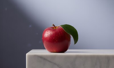 Radiant Red Apple with Glistening Water Droplets and Emerald Green Leaf Displayed on White Marble Platform Casting Natural Shadows on Light Gray Background For Freshness And Promotion 200 character