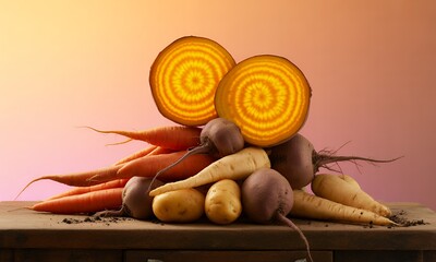 Radiant Root Vegetables Still Life Golden Beets Carrots Parsnips and Potatoes Artfully Piled on Rustic Wood against a Soft Gradient Orange and Pink Background Perfect for Health and Wellness Themes