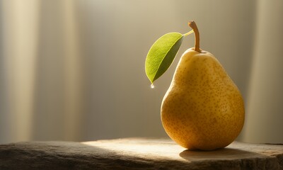 Radiant Yellow Pear with Green Leaf on Rustic Wooden Surface in Soft Natural Lighting for Health and Wellness Concepts and Earth Day Promotion and Healthy Lifestyle Choice 200 character