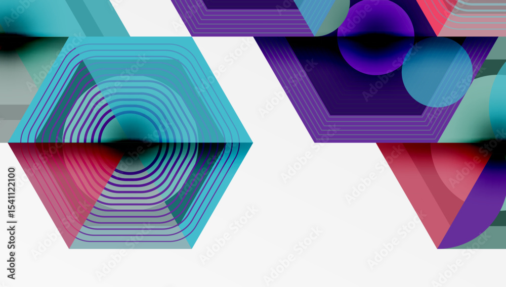 Aufkleber Abstract geometric composition. Hexagons, circles overlap creating layered visual effect. Vibrant colors, modern design.
