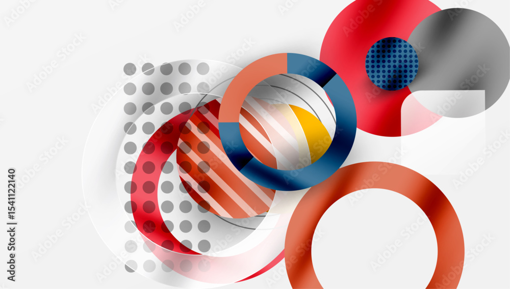 Poster abstract geometric shapes overlap. red, gray, blue tones dominate design. circles, lines create dyna