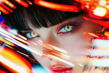 カラフルな光を反射する瞳で見つめる女性