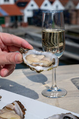 Eating of fresh Zeeuwse creuse oysters on farm in Yerseke with living harvested oysters, Oosterschelde, Zeeland, Netherlands
Fresh oysters with llemon and glass of champagne, cava, chablis  wine