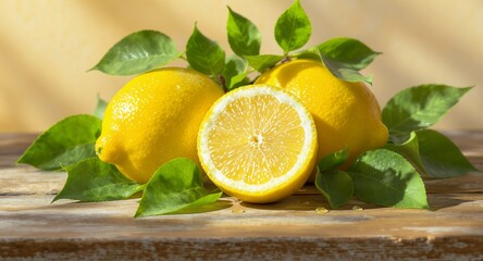 Refreshing Citrus Still Life with Two Whole Yellow Lemons and a Half Lemon Garnished with Vibrant Green Leaves on a Weathered Wooden Table Evoking a Healthy Diet Concept with Warm Sunlight
