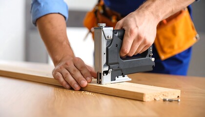 Carpenter using staple gun on wood.