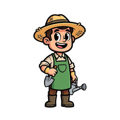 Happy Gardener Cartoon Illustration  Smiling Farmer with Tools