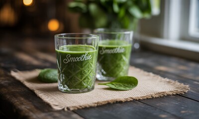 Refreshing Green Smoothies in Glass with Bokeh Background on Rustic Wooden Table for Healthy Lifestyle and Wellbeing a Natural Detox Diet Concept, Perfect for Decoration and Earth Day