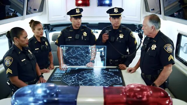 Five Police Officers Coordinating in Mobile Command Center with Digital Table Glowing Display Emergency Response Team in Uniform Law Enforcement Inside Vehicle