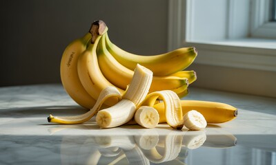 Ripe Yellow Bananas Bunch on Marble Tabletop Reflecting Sunlight Near Window Displaying Freshness and Healthy Lifestyle Food Choices Promoting Veganism And Tropical Nutrition and Vitamins