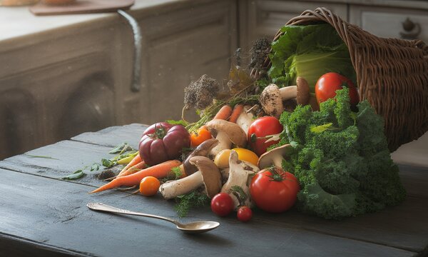 Rustic Harvest Display Abundant Vegetables in Woven Basket on Dark Wooden Table with Carrots Tomatoes Cabbage and Kale in Soft Natural Light Ideal Decoration for Health and Nutrition Themes