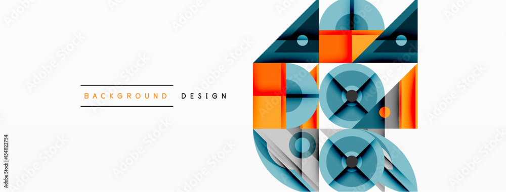 Poster abstract geometric shapes, blue, orange tones. minimalist design with layered elements, clean lines,