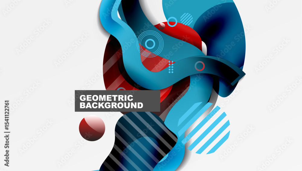 Poster Abstract design features flowing shapes, vibrant colors. Blue, red gradients create dynamic composition. Modern geometric background.