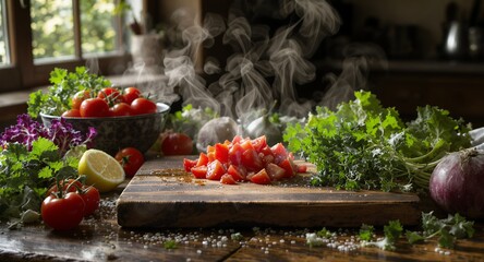 Rustic Kitchen Still Life with Fresh Vegetables Featuring Ripe Cherry Tomatoes and Leafy Greens on a Wooden Table Under Soft Natural Lighting Emphasizing Healthy Eating and Organic Diet Rich Colors