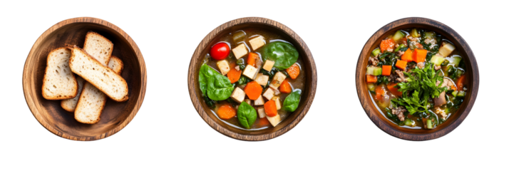Delicious and nutritious vegetable soups served with toasted bread on a black background