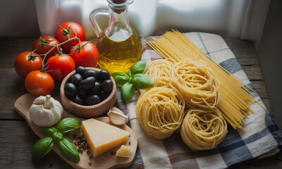 Rustic Still Life Featuring Mediterranean Staple Ingredients on Wooden Table with Tomatoes Basil Olive Oil and Pasta Noodles with Light Filtering Accents for Cookbook Editorial, Recipe Blog and