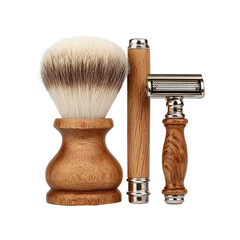 Classic shaving set with brush, stand, and razor. Features wooden handles and silver accents on a black background.