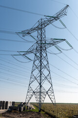 High-voltage lines and power towers, power transmission from nuclear energy plant in Zeeland,...