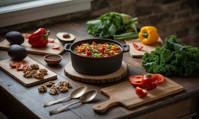 Rustic Still Life Featuring Pot of Colorful Vegetable Stew Surrounded by Fresh Ingredients Including Avocados Peppers and Leafy Greens on Wooden Table with Soft Lighting Enhancing Textures A Home