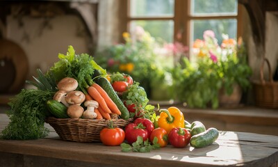 Rustic Vegetable Basket with Natural Light and Garden View Featuring Tomatoes, Carrots, and Leafy Greens Displayed on Wood Table with Soft Background, Captured in Warm Lighting Perfect for Health and