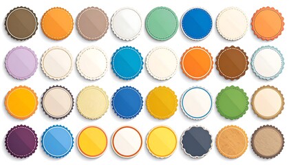 Colorful badges with buttons, rosette, and design element.