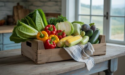 Rustic Wooden Crate Overflowing with Colorful Fresh Vegetables Displayed on a Weathered Wooden Table in a Bright Kitchen with Natural Light near Window Showcasing Lush Green Fields Offering Health