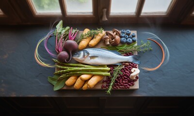 Rustic Wooden Tray Featuring Whole Fish Asparagus and Colorful Vegetables and Fruits Placed Near Window Displaying Vibrant Colors and Promoting a Healthy Diet and Lifestyle Concept