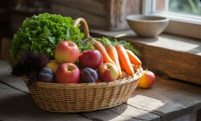 Rustic Woven Basket Filled With Fresh Produce Featuring Crisp Red Apples Vibrant Orange Carrots Lush Green Lettuce And Deep Purple Plums On Weathered Wood And Sunlit Window Promoting Natural Food