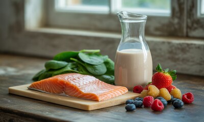 Salmon Fillet with Spinach and Berries on Wood Surface Featuring a Carafe of Smoothie against Rustic Window Background Ideal for Healthy Eating Concepts and Dietary Illustrations Displaying Fresh
