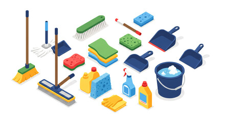 Isometric Illustration of Cleaning Supplies Brooms, Mops, Sponges