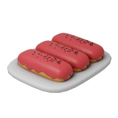 3D illustration of delicious pink iced donuts with chocolate sprinkles on a plate, perfect for dessert and snack visuals.