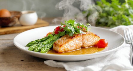 Seared Salmon Fillet with Asparagus and Cherry Tomatoes on White Plate Displayed on Rustic Wooden Table with Steaming Effect Eye Level Shot For Nutritious Diet Promotion and Healthy Eating Concept