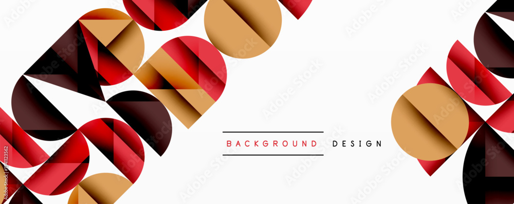 Poster abstract geometric shapes overlap, creating dynamic visual texture. red, brown, gold tones dominate 