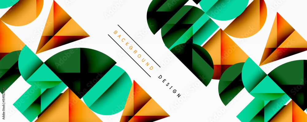 Poster Abstract geometric shapes overlap, creating dynamic visual texture. Orange, green, black hues dominate composition. Modern design element.
