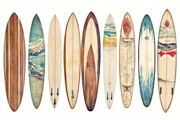 Collection of vintage-style surfboards with intricate hand-painted designs.  Various shades of wood grain and vibrant watercolor-like patterns.  Each board displays unique artistic interpretations of 