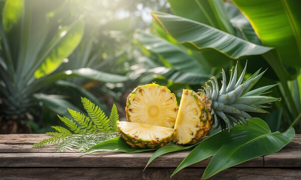 Sliced Pineapple Composition with Lush Greenery and Soft Sunlight Displayed on a Weathered Wooden Table with Ferns Banana Leaves and Aloe Vera in the Background Creating a Tropical Ambiance