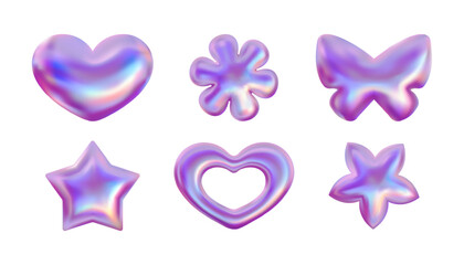 Fototapeta na wymiar Pink vector 3d icon set. Y2k metallic emoji. Heart, flower, butterfly and star. Holographic stickers collection