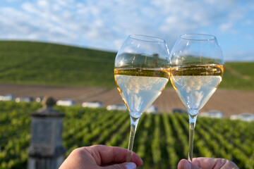 Glasses of white sparkling wine brut, grand reserve, champagne on green hilly vineyards in old wine making grand cru Ay-Champagne village in Vallee de la Marne, Champagne, France