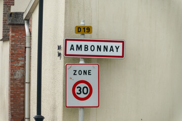 Champagne wine making region near Epernay, Champagne, France. Road signes and places of...