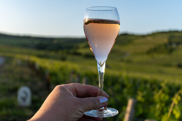Hand with glass of rose sparkling wine brut, grand reserve, champagne in Ay-Champagne on green hilly vineyards in old wine making village in Vallee de la Marne, Champagne region, France