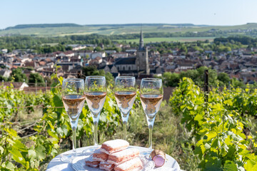 Pouring and tasting of white and rose sparkling wine brut, grand reserve, champagne in Ay-Champagne...