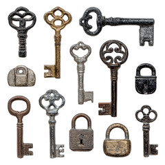 Collection of antique keys and padlocks arranged on a surface on transparent background