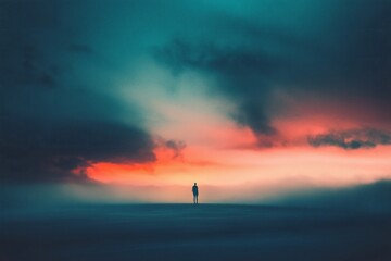 Contemplative figure silhouetted against a vibrant horizon, evoking introspection and the search for meaning in a vast expanse.