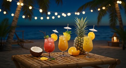 Colorful tropical cocktails with exotic fruit garnishes on a bamboo bar table under palm trees, with string lights and ocean breeze in a tropical night setting