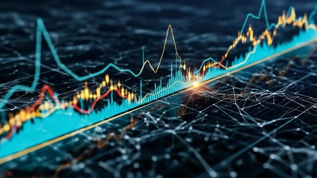 Dynamic financial analysis video: Fluctuating stock market data with glowing connections and rising trends